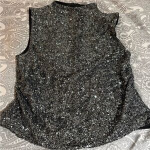 Sleeveless High Neck Sequin Top - charcoal grey/black